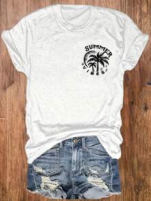 Round Neck T-Shirt With Letter Print, Beach And Sun, Casual Short Sleeve Top For Women, Women's Clothing - Breathable And Skin-Friendly - 白色 - 查看 3