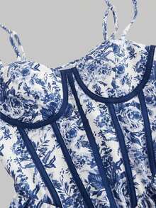 MOD Vestido con estructura de corsé con contraste de rayas azul y blanco en la cintura, estampado floral en el bustier, atuendo de vacaciones para mujer, vestido de verano, atuendo de campo, ropa de playa, vestido de verano, vestido de Pascua para mujer, vestidos de verano para mujer, vestido de fiesta de té - Azul y blanco - Ver 3