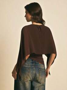 Blusa casual con cuello chal marrón para mujer, blusas elegantes para mujer, blusas casuales para mujer, apropiada para uso diario, salir, ir y venir en otoño/invierno, blusa de manga de murciélago, blusa marrón café, blusa marrón oscuro - Marrón - Ver 2