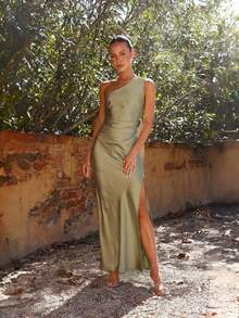 Vestido de satén elegante con hombro descubierto corte ajustado estilo glamour - Verde - Ver 5
