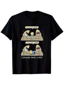 1 Funny T-Shirt With Grammar Shark Print - "Let's Eat, Bob!" & Humorous Design "Let's Eat, Bob (Commas Save Lives)", Casual Black Short Sleeve T-Shirt, Machine Washable, Regular Fit, Crew Neck, Everyday Wear, Cartoon Graphic T-Shirt, Medium Stretch Fabric - 黑色 - 查看 11