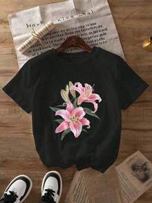 Summer T-Shirt With Lily Graphic Print, Short Sleeve, Round Neck, Casual Top For Women For Summer And Spring, Women's Clothing, Short Sleeve Cotton Casual T-Shirt For Summer Vacation - 黑色 - 查看 3