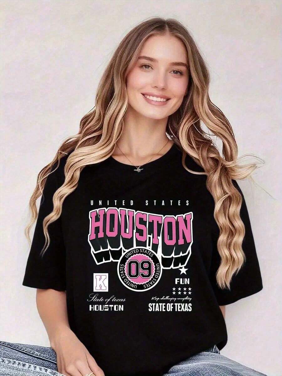 Women's Cotton T-Shirts Houston Texas Graphic Tee For Women - Vintage TX State Pride Tee - White With Pink Lettering - Short Sleeve Regular Fit, Casual Texan Everyday Wear - Machine Washable, Bold Design, Durable Construction, Fashionable Women's Clothing Daily Home Top - 黑色 - 查看 1