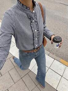 女款深藍色前開襟鈕扣設計荷葉邊格紋撞色襯衫，優雅通勤辦公日常休閒百搭外出上衣，秋冬上衣 - 藏蓝色 - 查看 1