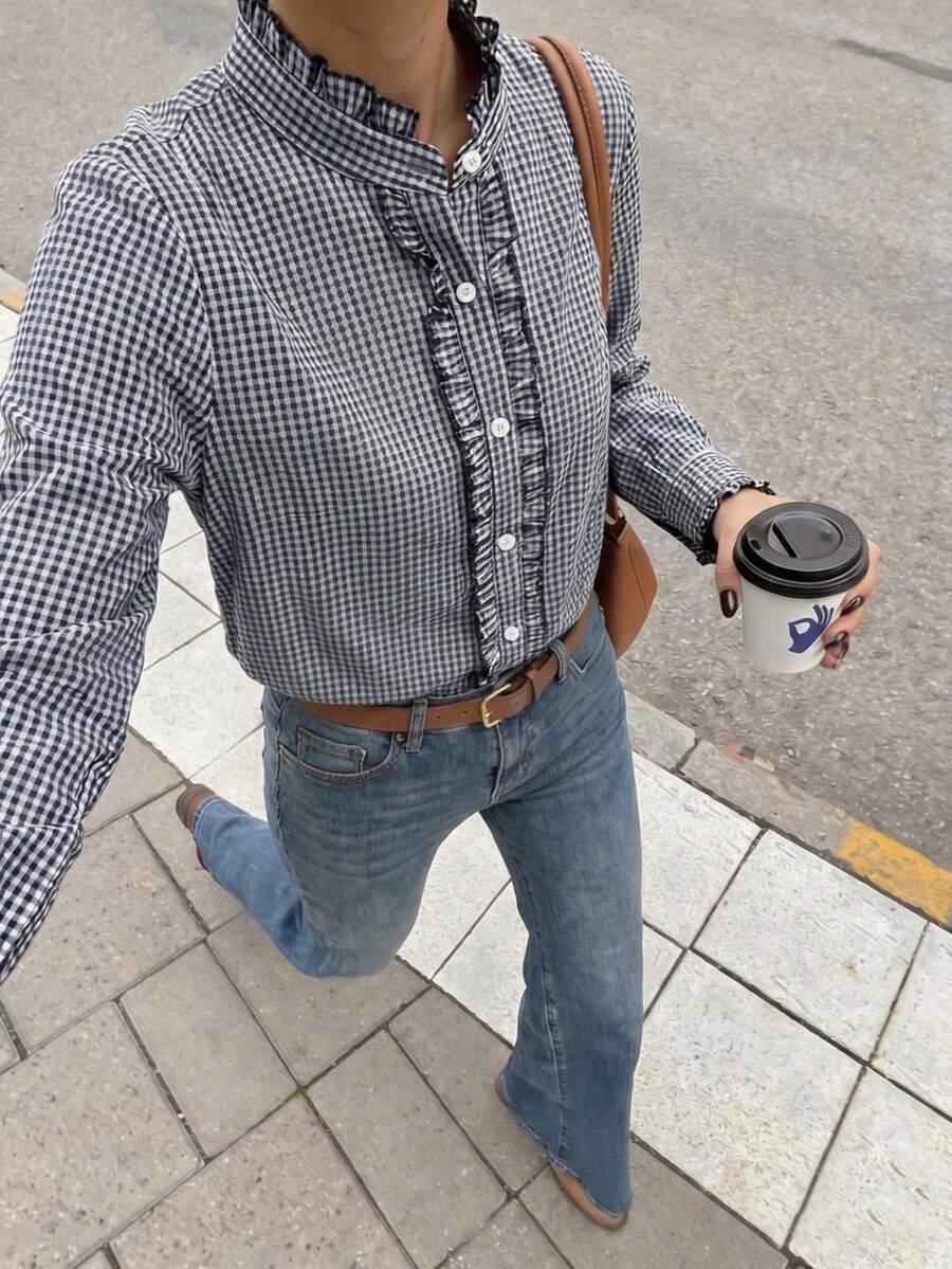 女款深藍色前開襟鈕扣設計荷葉邊格紋撞色襯衫,優雅通勤辦公日常休閒百搭外出上衣,秋冬上衣 - 藏蓝色 - 查看 1