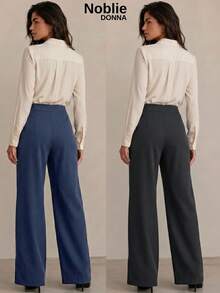 Set Of 2 Tailored Wide Leg High-Waisted Palazzo Pants, Elegant, With Front Button - 1件黑色 1件藏青色 - 查看 2