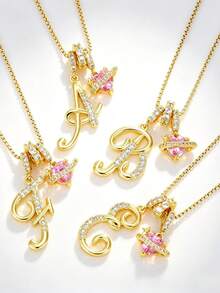 1 pieza Collar de acero inoxidable dorado con colgante de corazón rosa, letra personalizada y circonita cúbica exquisita, collar con letra de nombre simple, regalo de moda para novia, mamá, familia, amiga, hija, adecuado para aniversario, Día de San Valentín, Día de la Madre, cumpleaños, graduación, uso diario, boda, baile de graduación - Plateado - Ver 11