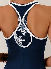 Swim Lushoire Conjunto de 3 piezas para mujer con top corto y conjunto de bikini con estampado floral para vacaciones en la playa - Azul marino - Ver 4