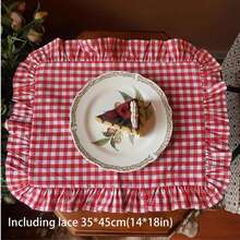 1/2/4pcs Red Plaid Placemats With Ruffle Edges, Round Coasters, Modern Minimalist Tabletop, Coffee/Tea Accessories, Photography Backdrop - Multicolor - View 3