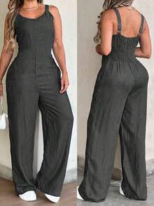Mono informal elegante de mujer con efecto de mezclilla, cuello en V, sin mangas, cintura fruncida, piernas anchas y bolsillos laterales - Negro - Ver 11