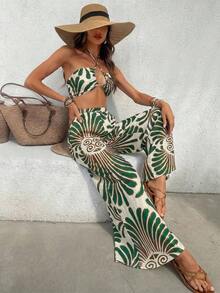 Conjunto de 2 piezas para mujer con top corto de cuello halter estampado tejido y pantalones de pierna ancha de cintura alta - Verde - Ver 5