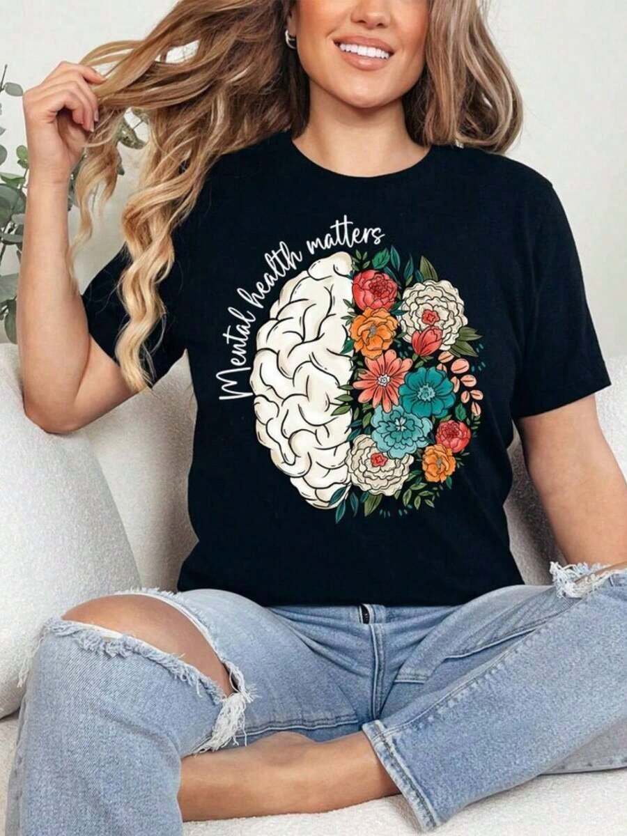 Playera minimalista moderna 100% algodón Mental Health Matters, Camiseta de Salud Mental, Sudadera de Psicólogo Escolar, Sudadera con Capucha Inspiradora, Concientización sobre Salud Mental, Camiseta con Diseño de Cerebro, Camisetas de Verano para Mujer, Camisetas Gráficas Estampadas de Gran Tamaño 100% Algodón para Mujer, Camiseta Casual de Cuello Redondo y Manga Corta, 1 pieza, Camiseta de Moda, Regalo de Halloween, Regalo de Navidad - Negro003 - Ver 1