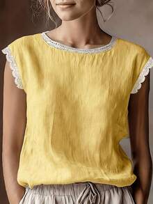 Blusa de manga corta de lino vintage para mujer, camiseta holgada de mezcla de lino con cuello redondo y parches de encaje, transpirable, para verano - Amarillo limón - Ver 5