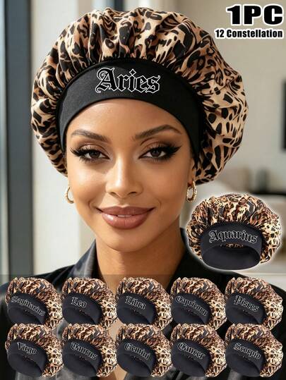 1Pc Black Leopard Print Satin Hair Bonnet, 12 Zodiac Signs Women's Sleep Cap, Wide Soft Band, Prevents Breakage, Tangles & Hair Loss, Suitable For Hair Care, Travel, Hair Products, Hair Tools, Hair Accessories, Hairstylists, And Hair Supplies
