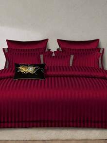 3 piezas Juego de Edredón a Rayas de Satén Rojo, Incluye 1 Edredón y 2 Fundas de Almohada, Microfibra Suave, Unisex - Burdeos - Ver 9