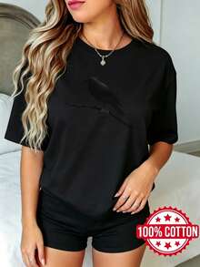 Women's Black Short-Sleeved T-Shirt With Round Neck And Print, Summer Casual Style, Crow On Branch Silhouette, Sizes S-3XL, Fashion, 100% Cotton Material - 黑色 - 查看 1