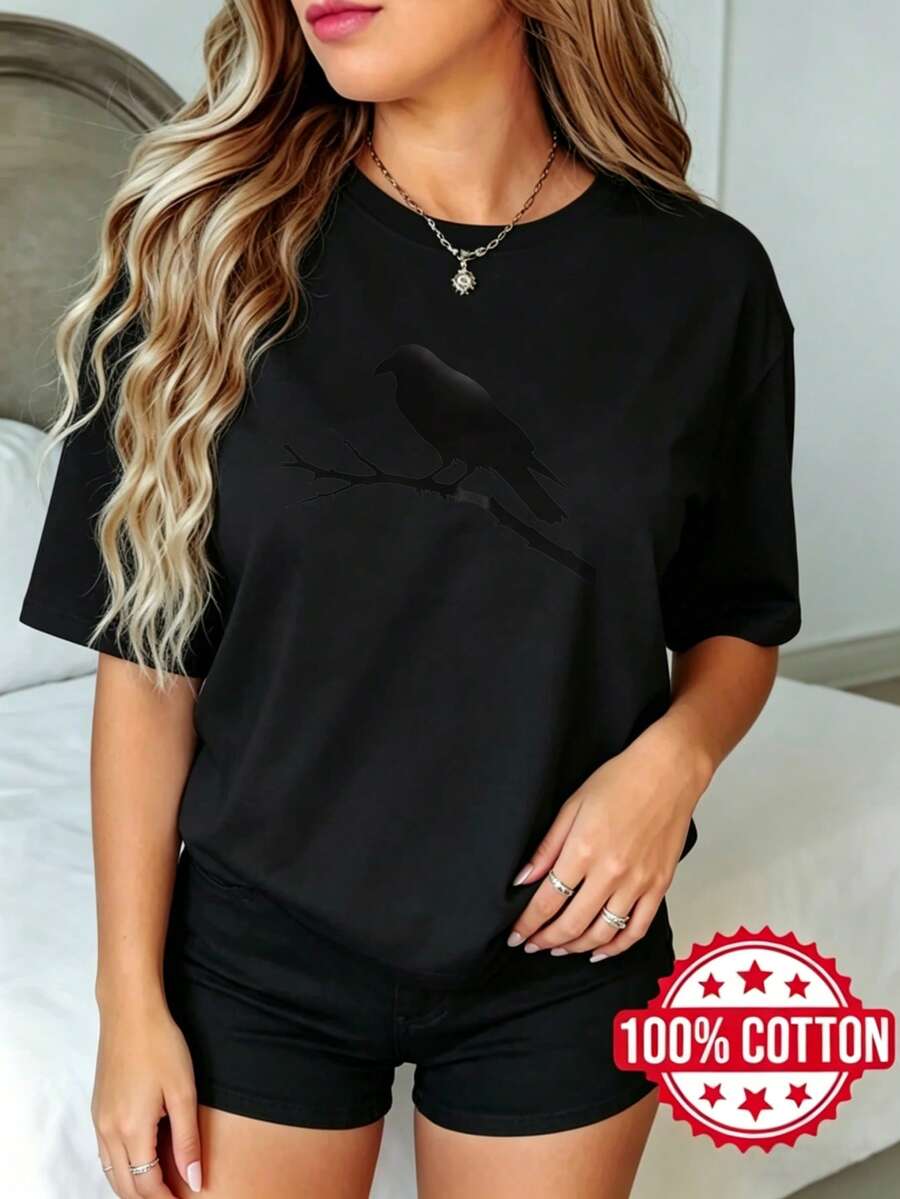 Women's Black Short-Sleeved T-Shirt With Round Neck And Print, Summer Casual Style, Crow On Branch Silhouette, Sizes S-3XL, Fashion, 100% Cotton Material - 黑色 - 查看 1