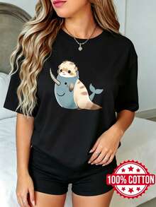 Camiseta negra de manga corta, cuello redondo y estampado para mujer en verano Diseño de Fusión de Nutria y Narval S-3XL moda 100% aodón material - Negro - Ver 2