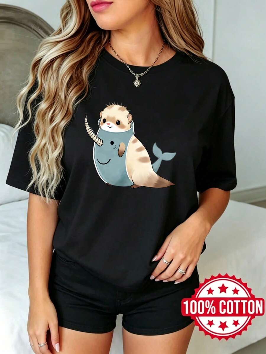 Camiseta negra de manga corta, cuello redondo y estampado para mujer en verano Diseño de Fusión de Nutria y Narval S-3XL moda 100% aodón material