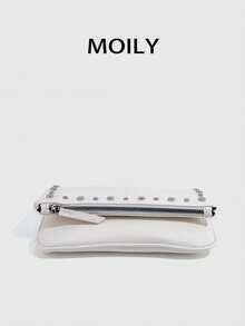 1pc Rivet Design Shoulder Crossbody Square Bag, PU Material, Metal Chain, Zipper Closure, Suitable For Shopping, Dating, Commuting, Party, Gift Giving - White - View 8