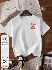 Plus Size Women "Ciao Ka Kao!" Letter Graphic Round Neck Short Sleeve Casual Minimalist Summer White T-Shirt - White - View 7