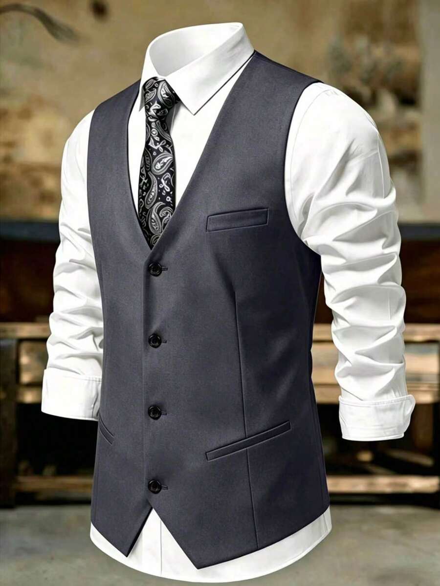 Áo vest nam dáng ôm, trang phục thường ngày cho phù rể, áo gile chú rể, trang phục dự tiệc công sở, mùa xuân và mùa thu. - Xám - Xem 1