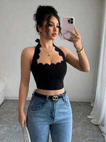 Top corto con escote halter, volantes y amarres en negro para mujer, ideal para vacaciones - Negro - Ver 3