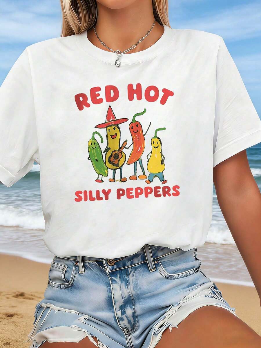 Camiseta de manga corta con cuello redondo de algodón holgada unisex de estilo vintage urbano para mujer - con estampado divertido de pimientos rojos antropomórficos y coloridos, para uso diario, compras, fiestas, desplazamientos, versátil y elegante para mujeres. - Blanco - Ver 1