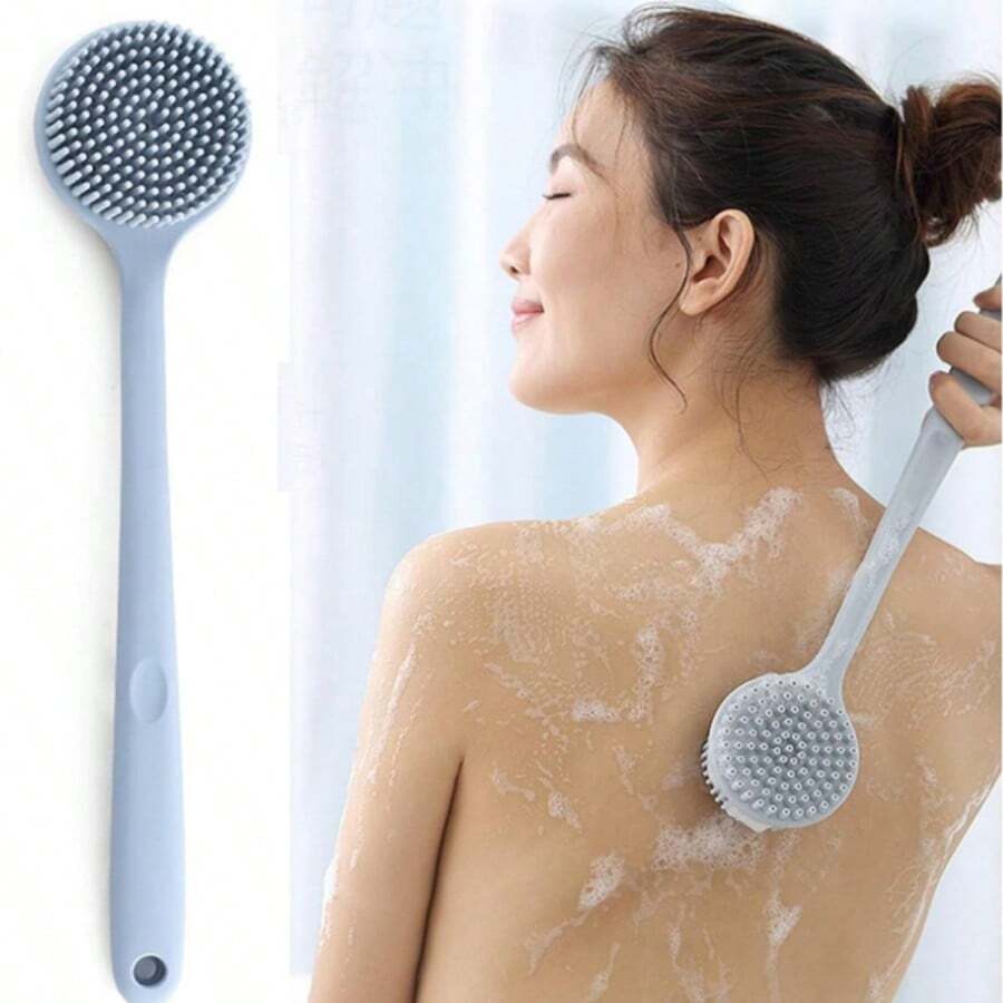 Bàn chải tắm massage cán dài bằng silicon màu hồng/đen/xanh dương/xám/xanh lá cây, bàn chải tắm hai mặt cán dài, dụng cụ chà lưng và tẩy tế bào chết toàn thân.