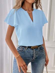 Camisa de mujer de unicolor con escote en V entallado y manga corta, informal y adecuada para el trabajo, blusas de manga corta - Celeste - Ver 5