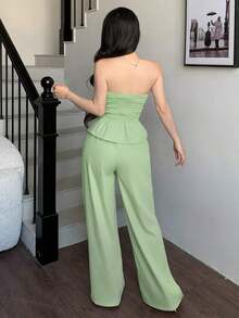 de 2 piezas de top de tirantes con volantes morado y pantalones de pierna ancha para mujer, elegante y de moda, adecuado para la oficina, el transporte, el estilo retro, fiestas, citas, el Día de San Valentín, uso en primavera/verano - verde claro - Ver 2