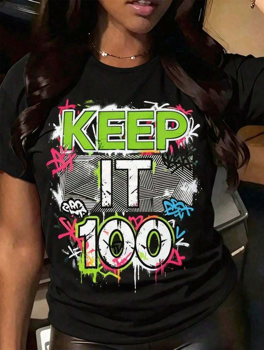 Camiseta gráfica de manga corta para mujer "Keep It 100" - Diseño de texto tridimensional plateado - Camiseta casual de cuello redondo para uso diario y ocio. - Negro 3 - Ver 1
