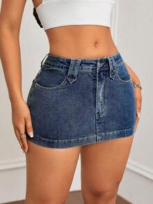 Falda corta de mezclilla azul lavada para mujer, estilo retro, informal y de talle alto, ideal para el día a día. - Azul - Ver 3