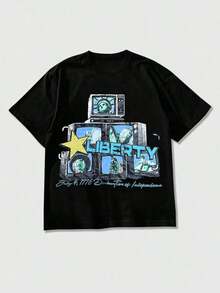 ROMWE MEN Street Life - Camiseta Casual de Manga Corta con Cuello Redondo y Estampado Vintage de Letras y Pentagrama para Hombre - Negro - Ver 6