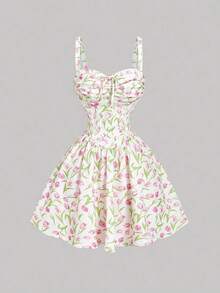 Vestido midi acampanado con cintura fruncida y estampado de flores, con decoración de lazo.Ideal para rave, estilo bohemio, conciertos, graduación, romántico, verano, elegante, vacaciones, fiestas, fluido, invitada de boda, té, modesto, baile d - Multicolor 3 - Ver 3