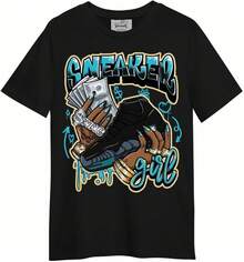 Dunkare Sneaker Match Graphic T-Shirt For Men And Women - Retro Gamma Blue 11s Streetwear | Unisex, Regular Fit, Vintage Style Y2K - 黑色 - 運動鞋女孩金錢塗鴉 - 查看 8