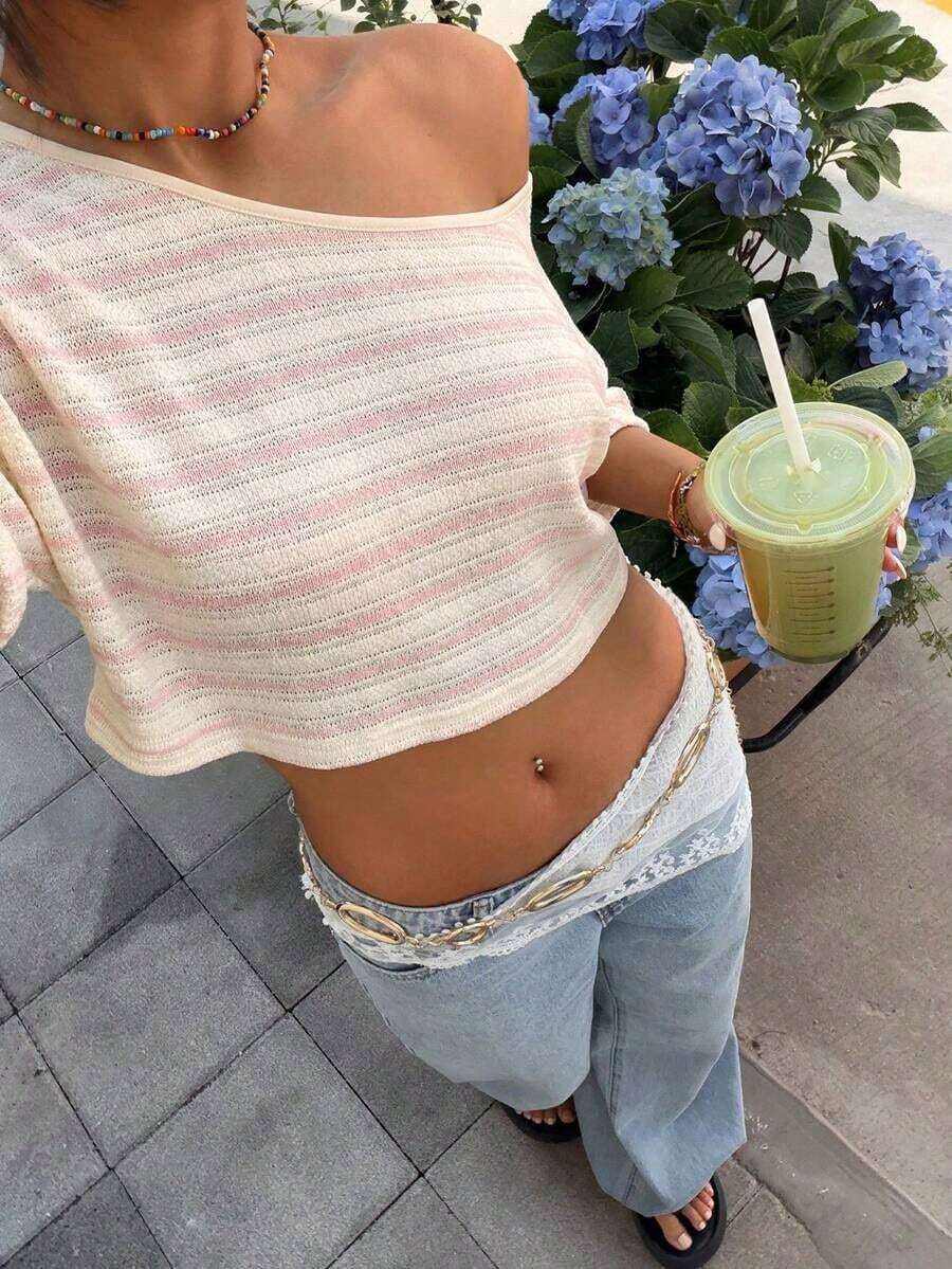 Camiseta de mujer de punto a rayas de estilo minimalista y casual, de un hombro, con efecto dopamina, adecuada para el uso diario, citas, reuniones, otoño/invierno/verano, Navidad, Año Nuevo, Acción de Gracias, fiestas, bodas, playa, ceremonias de graduación, moda, elegante, casual, salidas, citas, reservas, viajes, brillante, Día de San Valentín, vacaciones, Y2K y otras ocasiones. - Rosa - Ver 1