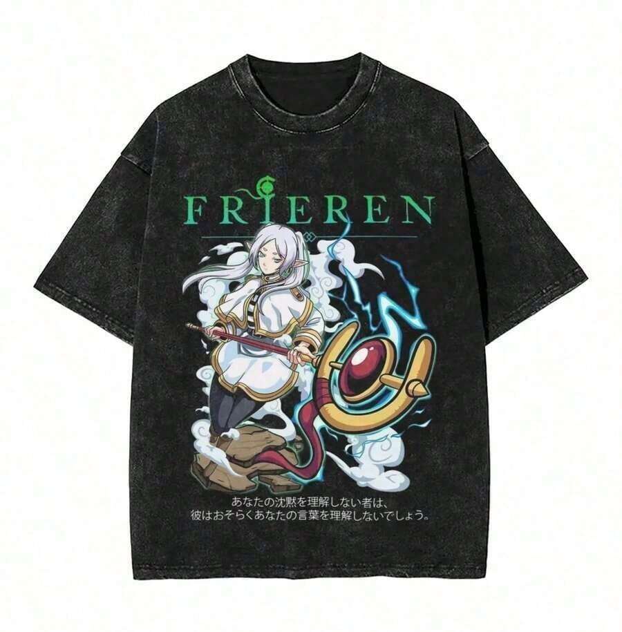 Sousou No Frieren Beyond Journeys End T-Shirt Anime Merch Casual Short Sleeved T Shirt Unisex TeeSummer-Wear - 黑色 2 - 查看 1
