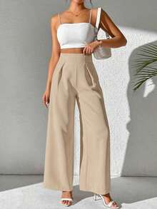 Pantalones anchos casuales de mujer con tela de unicolor texturizada - Caqui - Ver 4