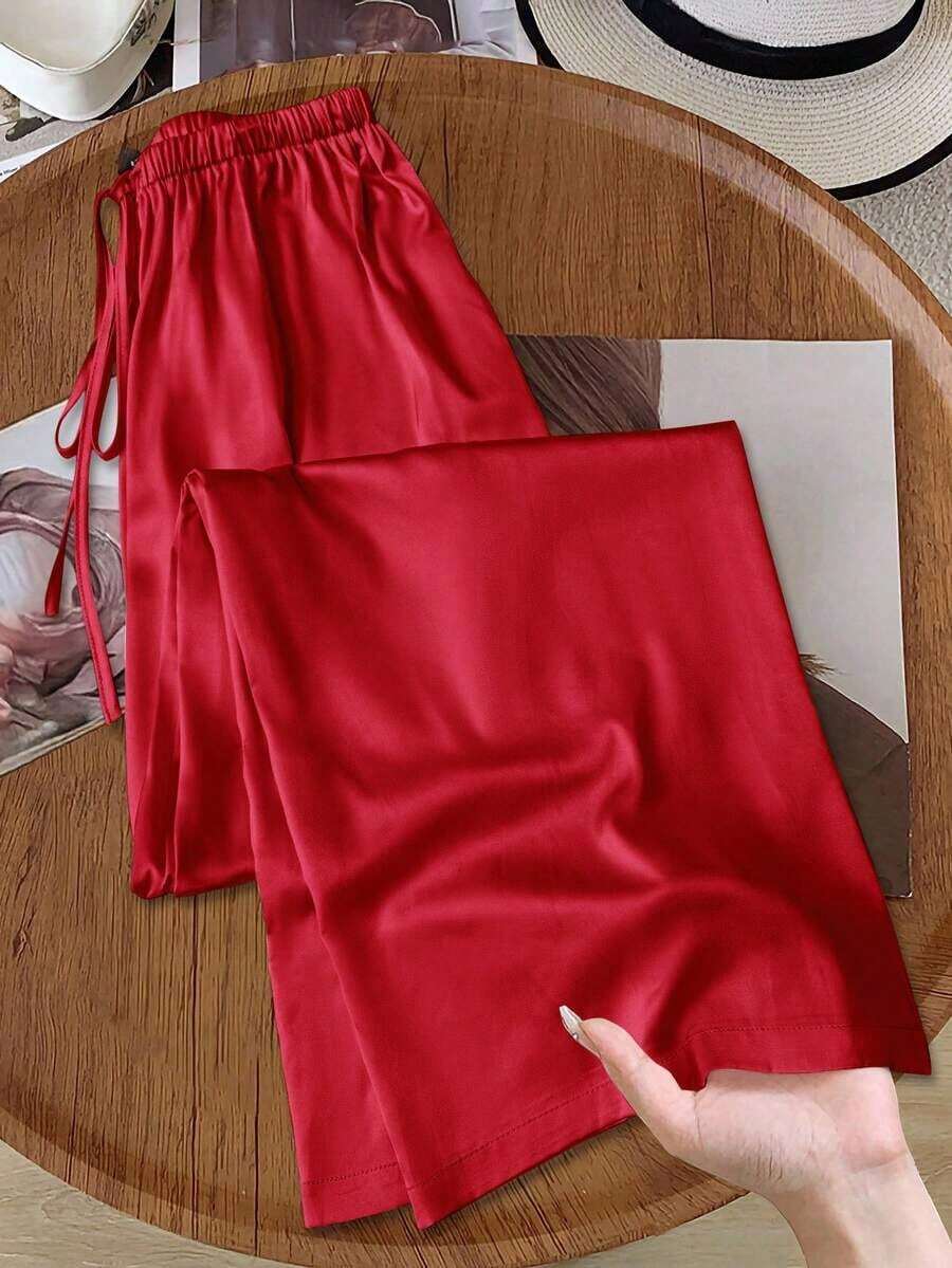 Pantalones anchos de pierna larga de satén verde con estilo casual, pantalones de seda, pantalones de satén, pantalones de seda verde, pantalones de satén verde, pantalones verde oliva, casuales - Rojo - Ver 1