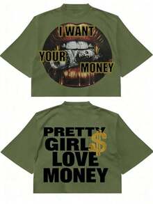 Fly "I Want Your Money" Hip-Hop Style T-Shirt, 100% Cotton, Double-Sided Print, Suitable For Men And Women, The Best Gift For Summer, Casual Short Sleeve T-Shirt - Premium Cotton T-Shirts With Graphic Print And Round Neck - Unisex Loose Fit T-Shirt, Comfortable, Urban Vintage Style. - 綠色 - 查看 1