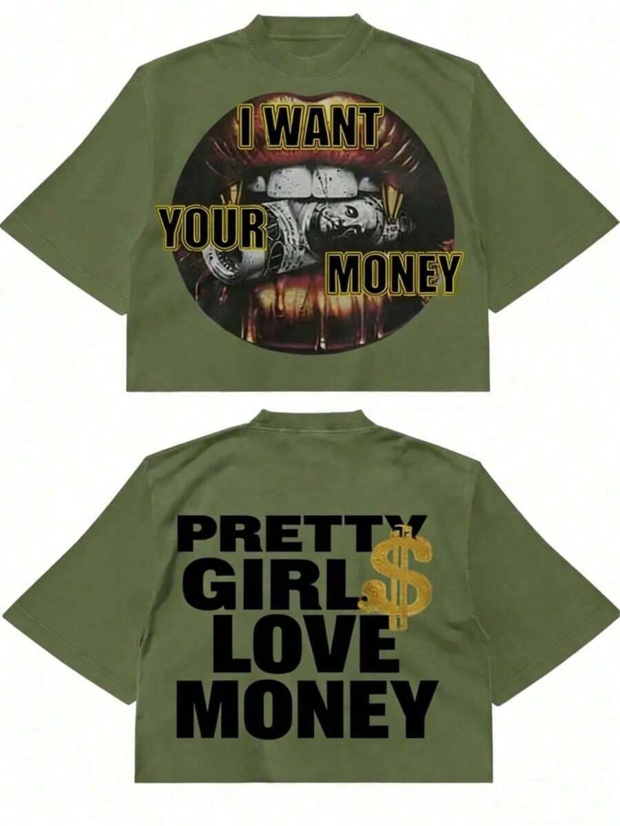 Fly "I Want Your Money" Hip-Hop Style T-Shirt, 100% Cotton, Double-Sided Print, Suitable For Men And Women, The Best Gift For Summer, Casual Short Sleeve T-Shirt - Premium Cotton T-Shirts With Graphic Print And Round Neck - Unisex Loose Fit T-Shirt, Comfortable, Urban Vintage Style. - 綠色 - 查看 1