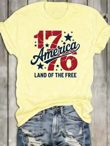 1 "American Freedom 1776" T-Shirt, White Crew Neck T-Shirt, Women's "America 1776" T-Shirt - Vintage Distressed T-Shirt With 1776 Graphic And Stars, Crew Neck, Casual Style For The 4th Of July - 黃色 - 查看 4