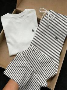 2 piezas Conjunto de top de manga corta con estampado floral bordado falso y rayas y pantalones a rayas, atuendo casual adecuado para el uso diario, citas, fiestas, otoño/invierno/verano, Navidad, Año Nuevo, Acción de Gracias, fiestas, bodas, - Gris Oscuro - Ver 7