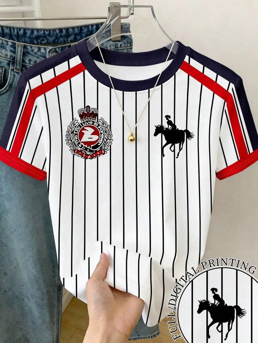 Camiseta casual de mujer de manga corta con cuello redondo, estampado de letras y bloques de color - Blanco - Ver 1