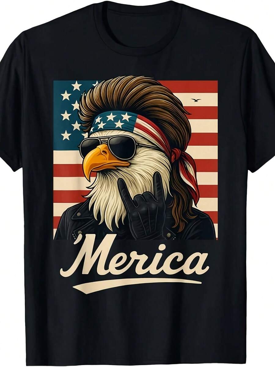 Patriotic Humor T-Shirt With American Flag Eagle Merica Rock For The 4th Of July, Unisex Short Sleeve Printed T-Shirt For Summer 2026, 180g - 黑色 - 查看 1