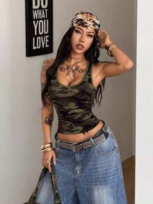 Camiseta de punto de verano con cuello en V gris, cómoda y elegante, con encaje de contraste, para salir y vacaciones - Verde militar - Ver 2