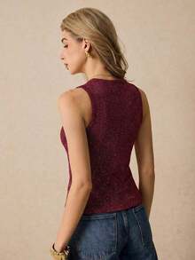 Camiseta sin mangas casual de cuello redondo y de un solo abotonadura para mujer - Burdeos - Ver 2