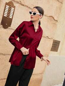Camisa de manga larga para mujer color rojo burdeos, prenda de vestir de manga larga para otoño para mujeres - Burdeos - Ver 3