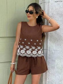 Set de 2 piezas de top sin mangas y shorts para mujer, de moda para el verano - Marrón - Ver 5